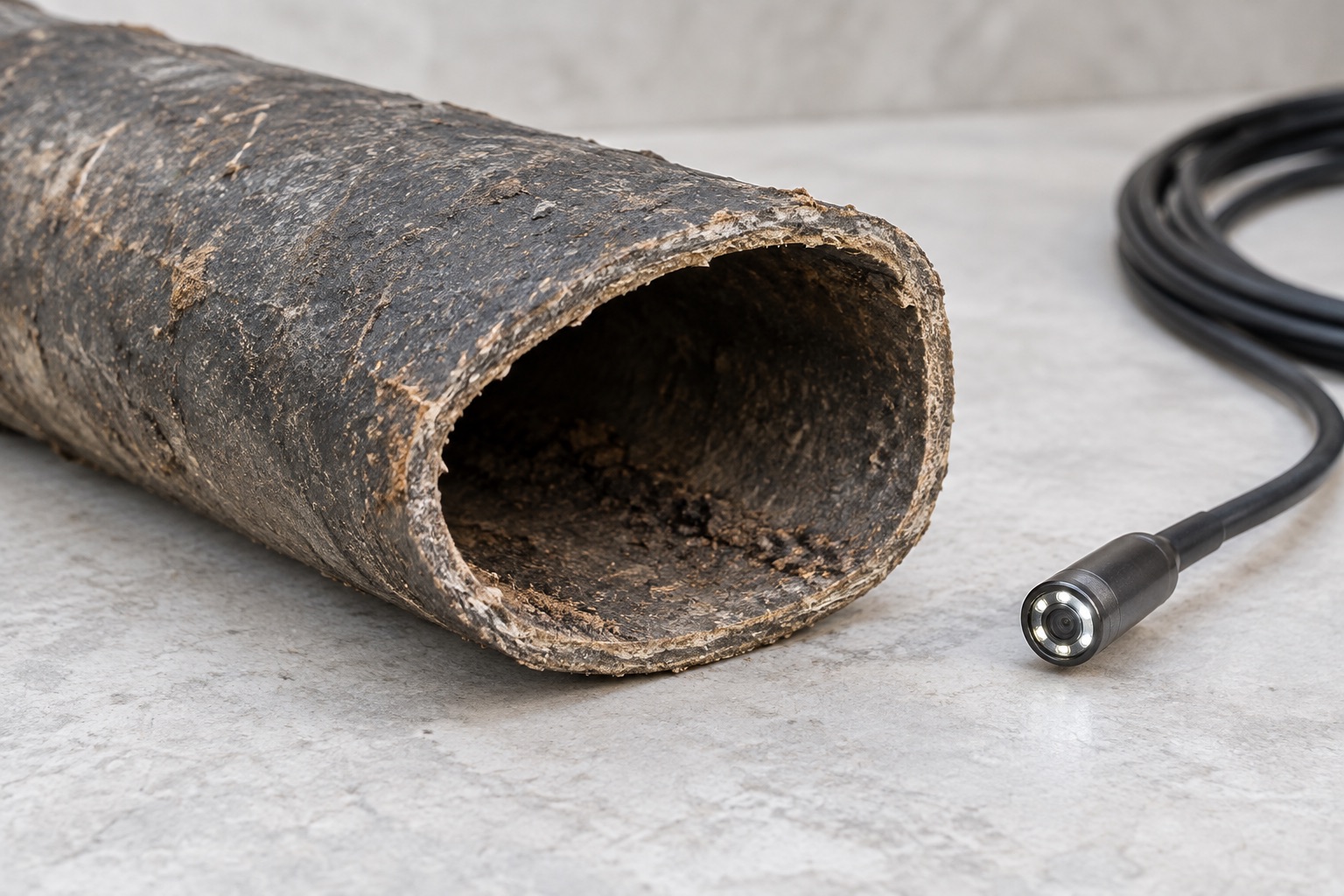 Illustrative section of a deformed pitch-fibre drain with an inspection camera beside it